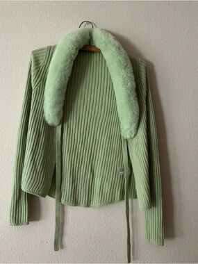 Y2K Pistachio Green Cardigan 🍨 Fuzzy Trim Tie Front Soft Girl